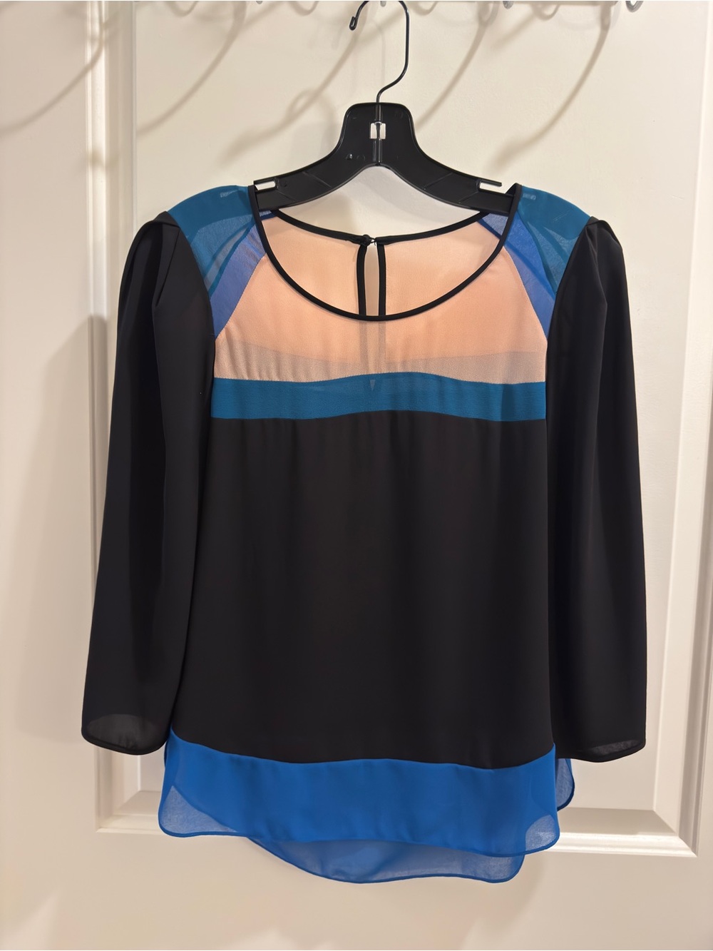 BCBG Maxazria Womens Black & Blue Sheer Panel Blouse